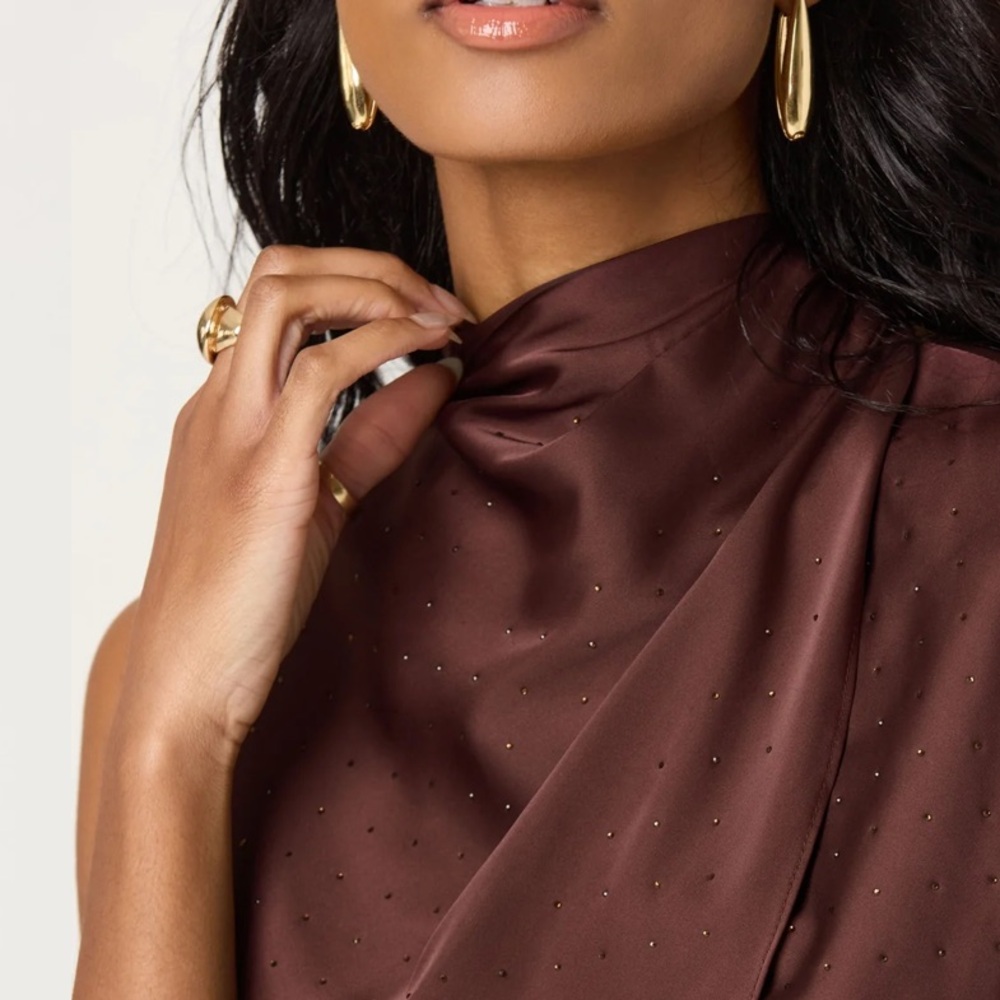 ASTR the Label Inaya Satin Rhinestone Embellished Top Brown Large NWT NEW - Picture 3 of 8